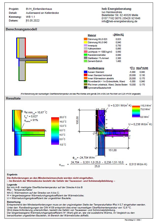 Detailseite aus einem Wärmebrückenbericht mit thermischer Analyse und Berechnung