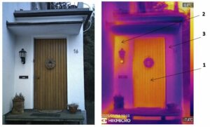 Thermografie-Aufnahme einer Tür zur Analyse von Schwachstellen im Wärmeschutz