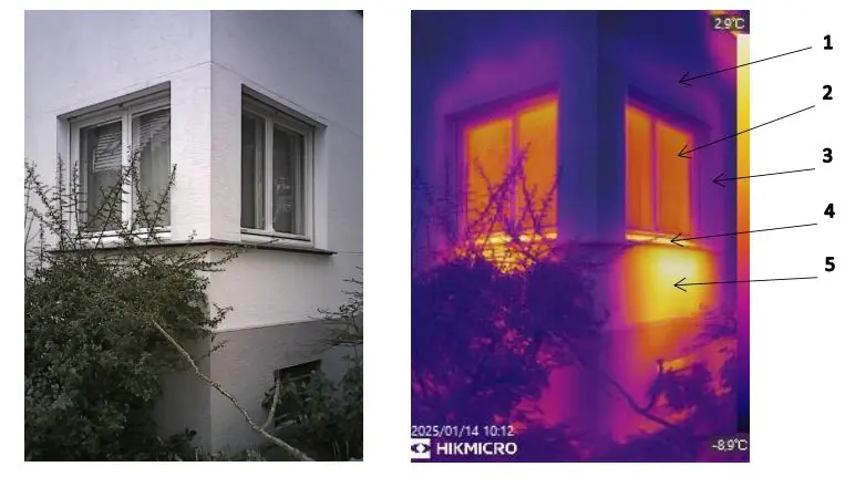 Thermografieaufnahme an einer Gebäudeecke mit Fenster